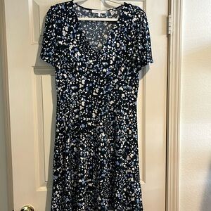 Lark & Ro Black Midi Dress with White and Light Blue Spot Print